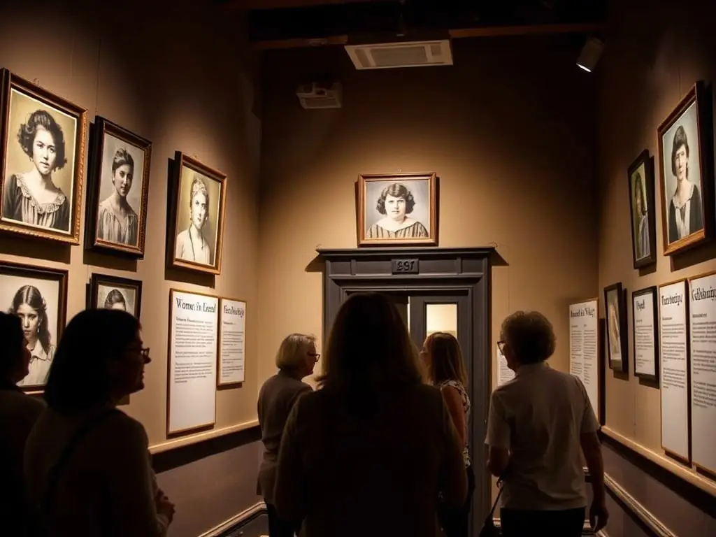A photograph of the 'Women in Kilmainham' exhibition, featuring portraits and stories of female prisoners and their roles in Irish history.