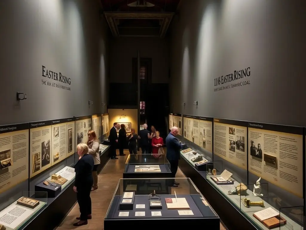 A photograph of the '1916 Easter Rising' exhibition at Kilmainham Gaol, showcasing artifacts and informational panels about the rebellion.